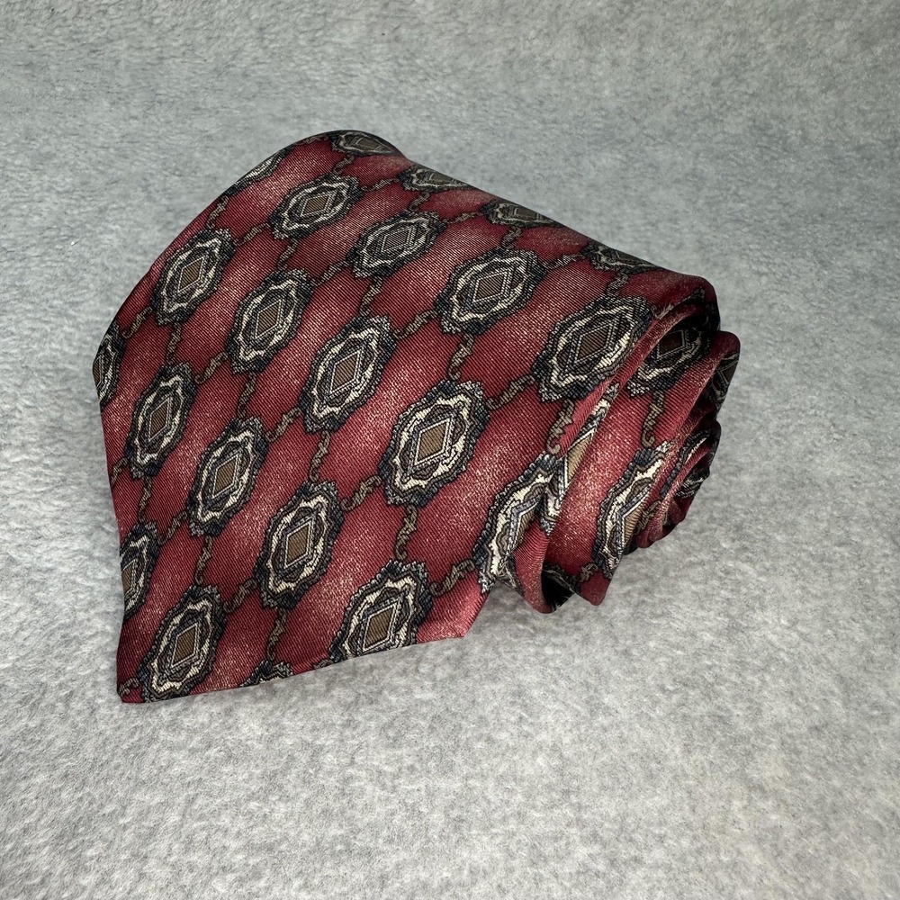 Henry Grethel Tie Mens One Size Burgundy Silk Geometric Medallion Made in USA